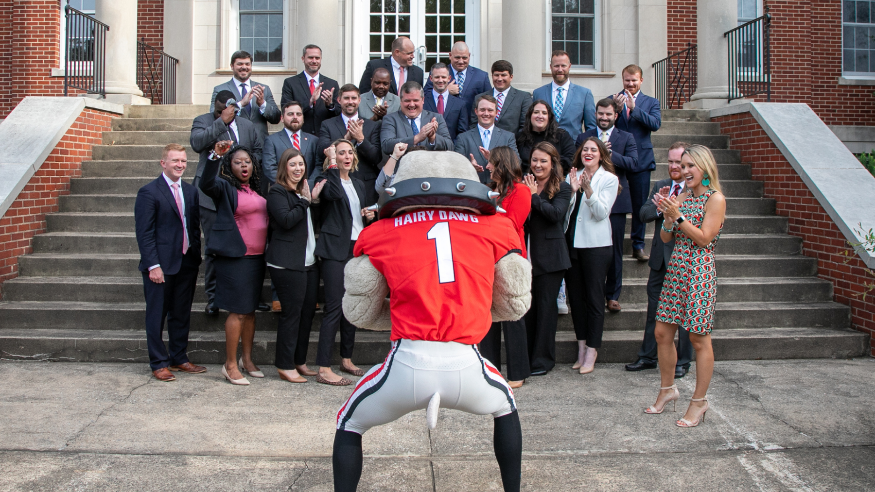 Photo of people w/ Bulldog Dawg mascot