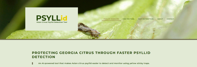 Screenshot of the home page of PSYLLid, an AI-powered Asian citrus psyllid detection tool developed by the Barman Lab.