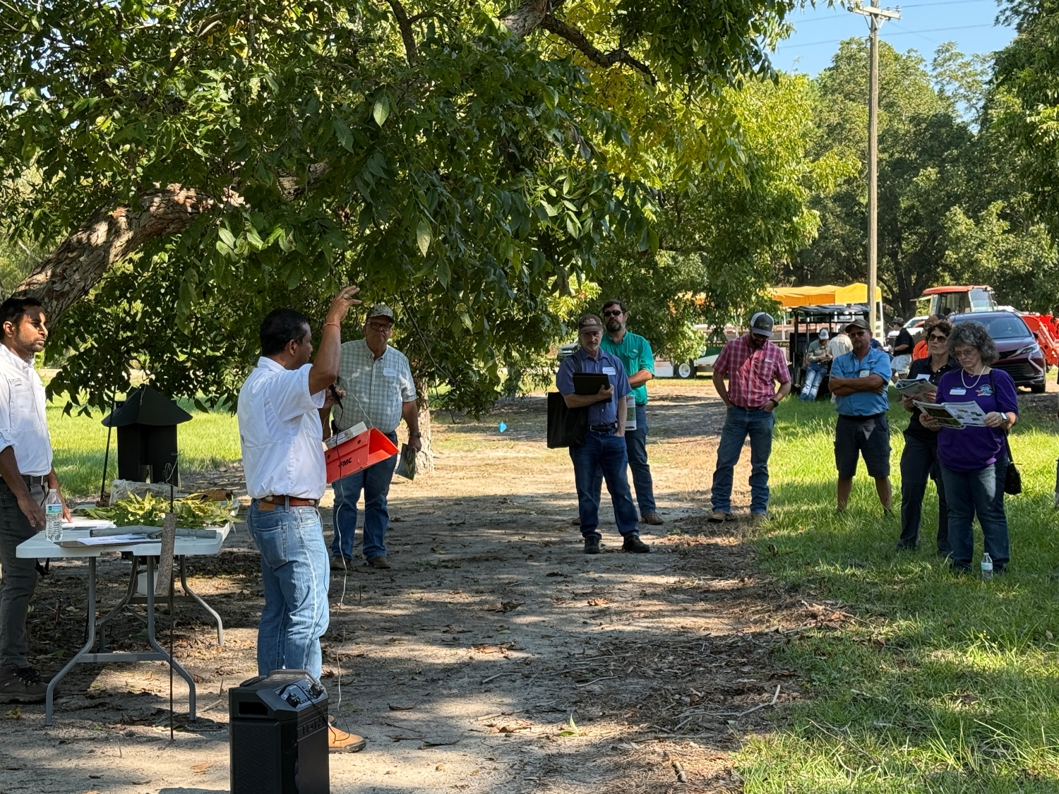 Dr. Apurba Barman stands outdoors in a pecan orchard, holding up a branch while addressing a small group of attendees gathered along a dirt row; participants stand in a semicircle, some holding notebooks, with trees providing shade and vehicles and equipment visible in the background.
