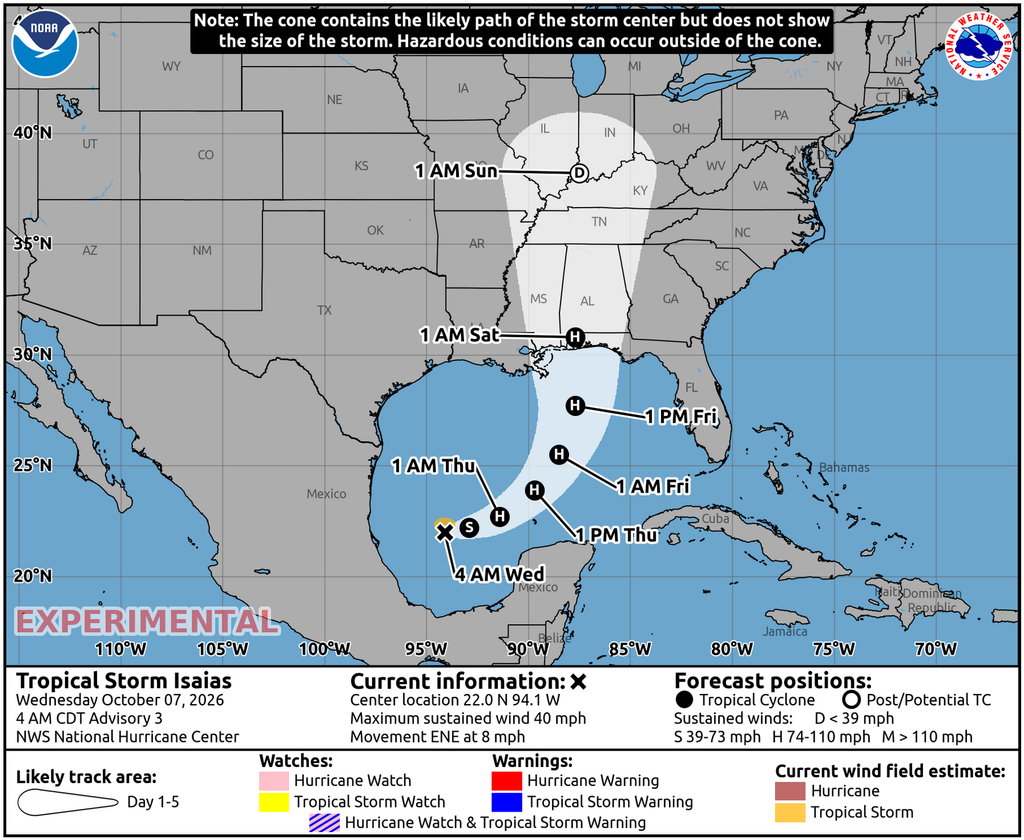 Prediction cone for the path of tropical storm Isaias as of 4 AM October 7, 2026. Cone predicts hurricane will make landfall 1 AM Saturday and move up through Alabama and Mississippi.