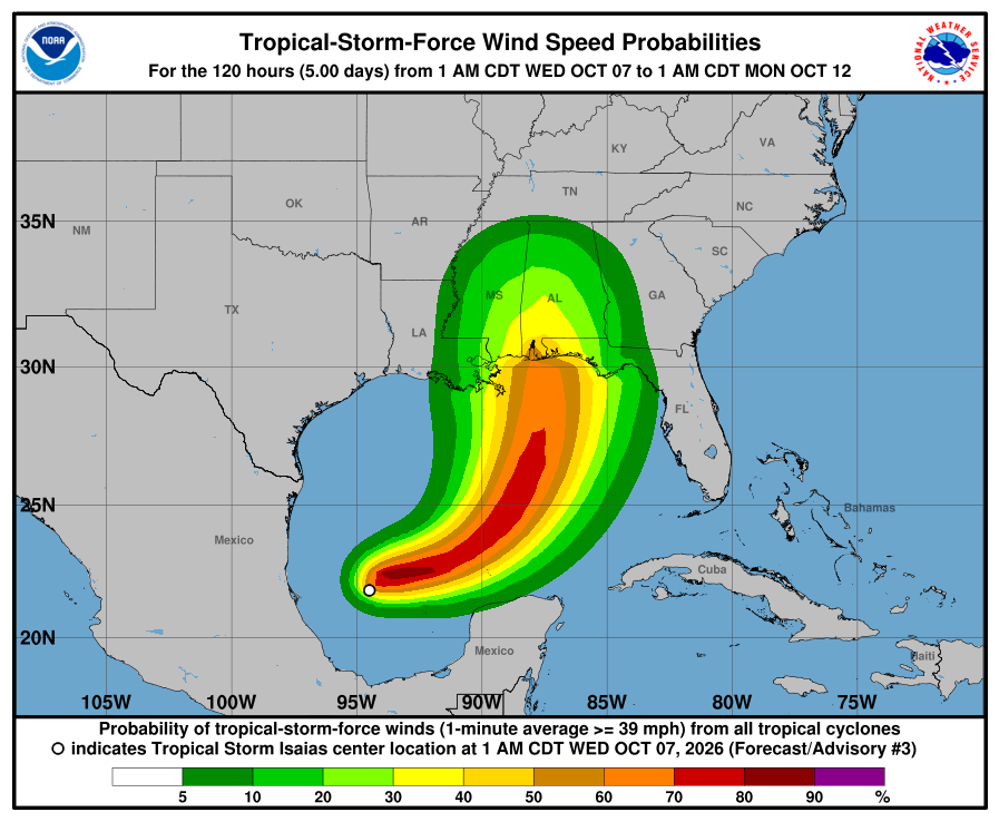 tropical-storm-force wind speed probabilities map from NOAA as of 1 AM Wednesday October 7. Path shows wind speeds up to 30 mph hitting the western border of Georgia.