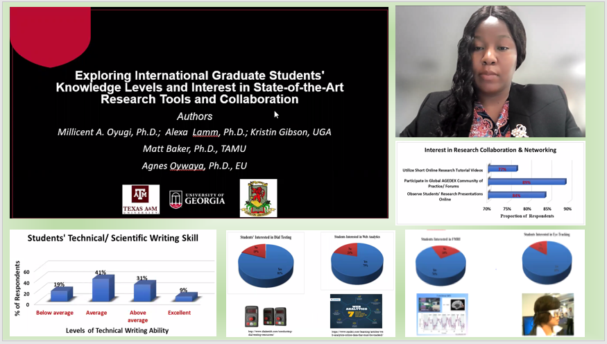 A woman on a computer screen presents a slide deck titled "Exploring international graduate students' knowledge levels and interest in state-of-the-art research tools and collaboration".