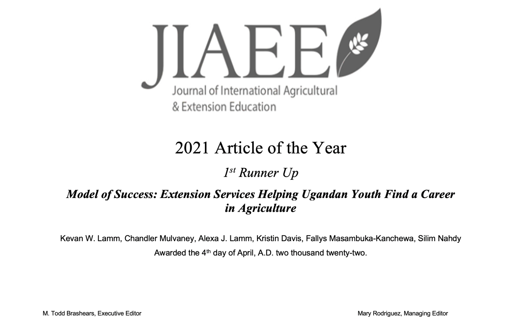 A screenshot of a certificate that recognizes the journal of the year in the Journal of International Agricultural and Extension Education