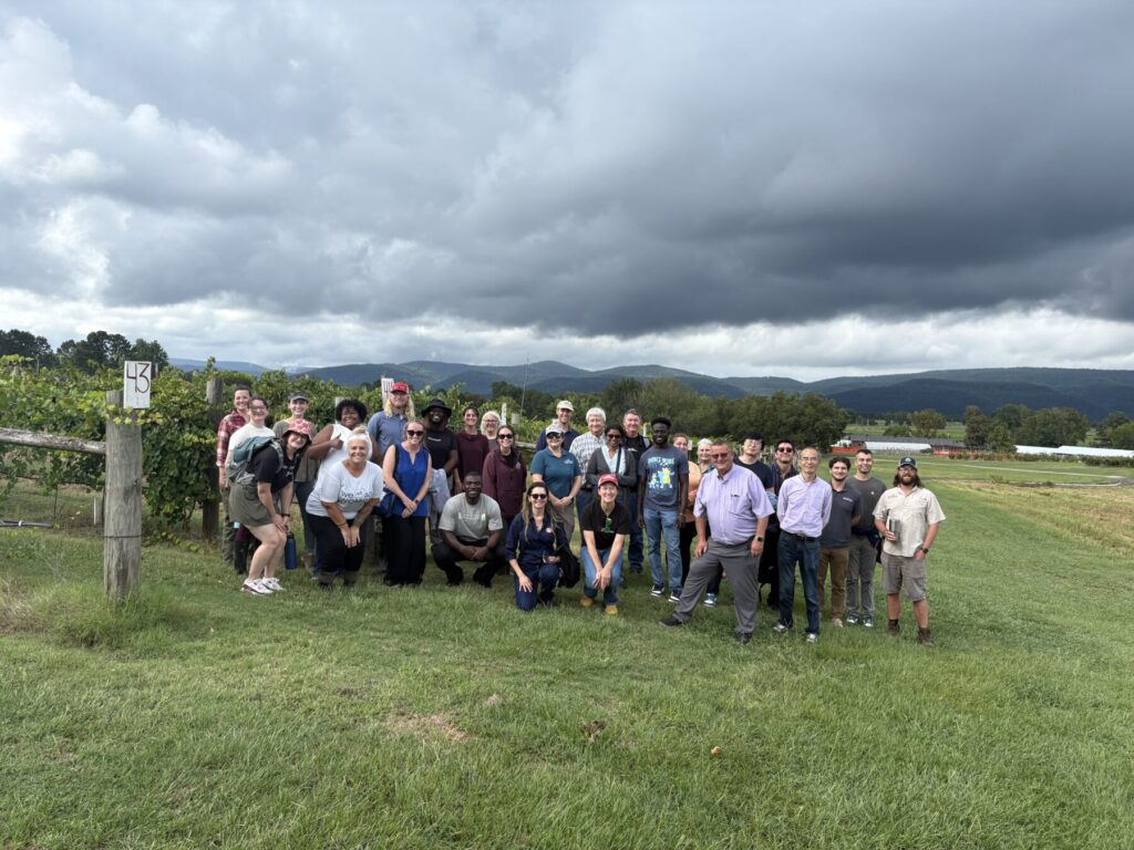 Attendees of the VxM annual project meeting on a tour at the University of Arkansas System Fruit Research Station