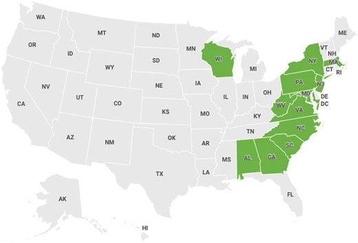 Map showing 12 eastern US states represented in the focus groups.