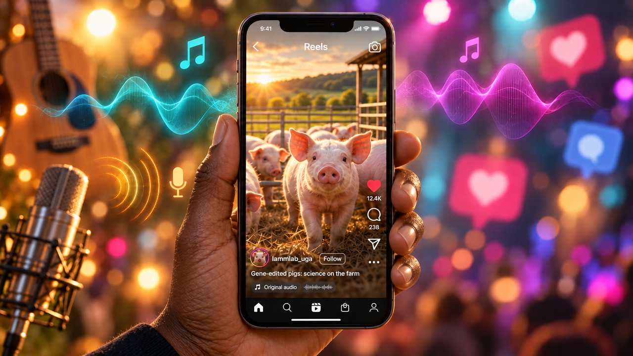 A hand holding a smartphone displaying an Instagram-style Reel of pigs on a farm, surrounded by colorful audio waveforms, musical notes, and social media engagement icons, illustrating the use of background audio in agricultural science communication.